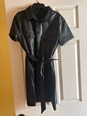 Black Faux Leather Shirt Dress with Belt